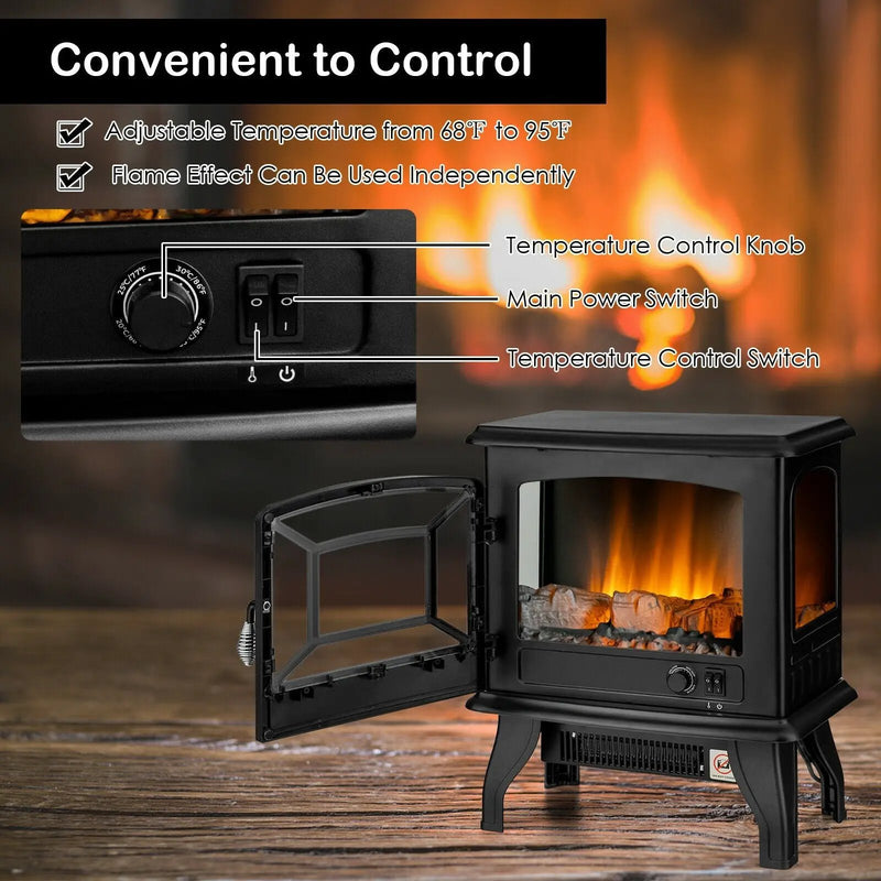 Freestanding Fireplace Heater with Realistic Dancing Flame Effect-Black by DirectDeals