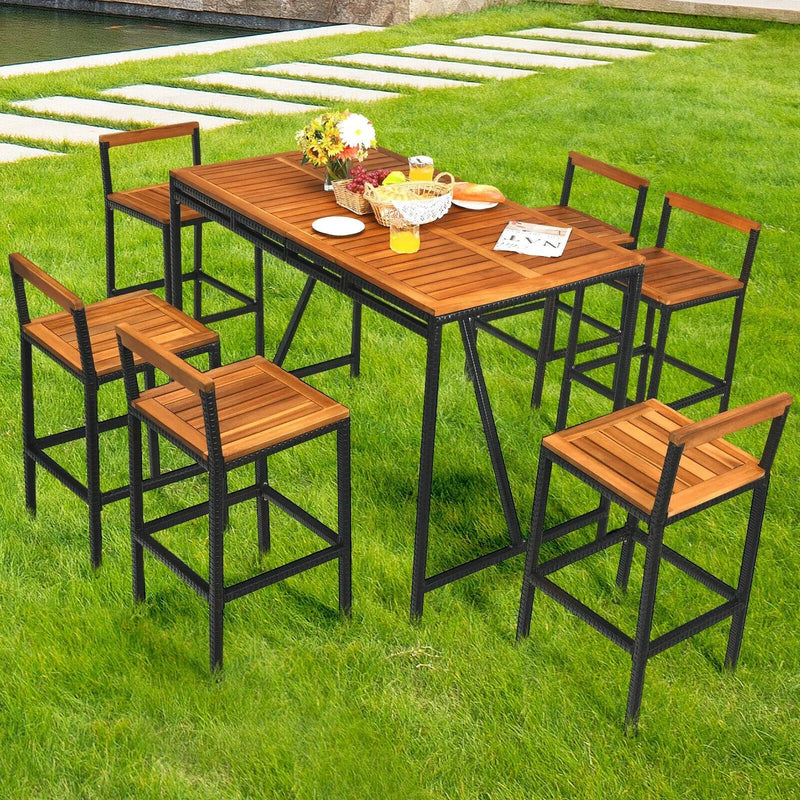 7 Pieces Acacia Wood Patio Rattan Bar Set with Umbrella Hole by DirectDeals