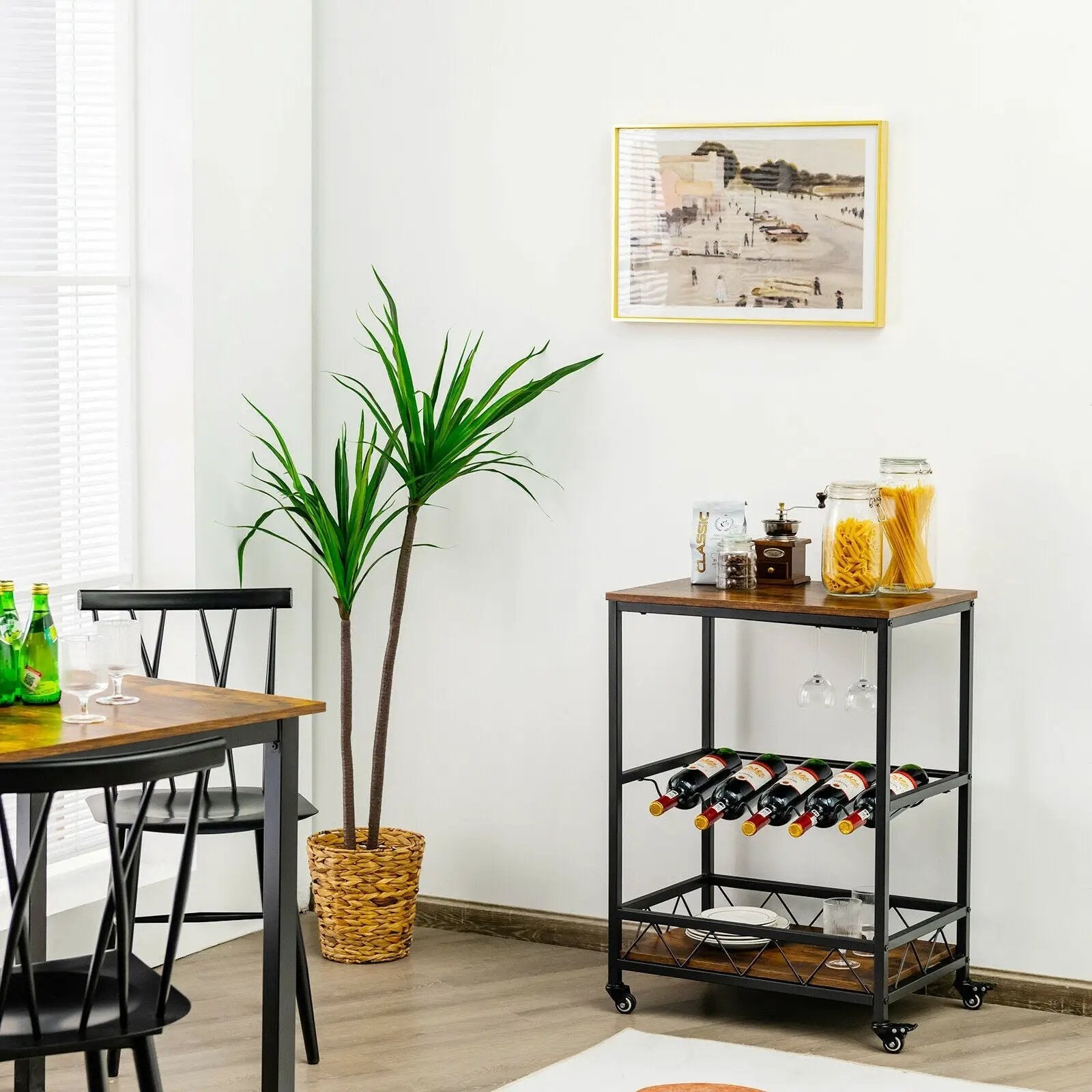 Kitchen Bar Cart Serving Trolley on Wheels with Wine Rack Glass Holder-Rustic Brown by DirectDeals