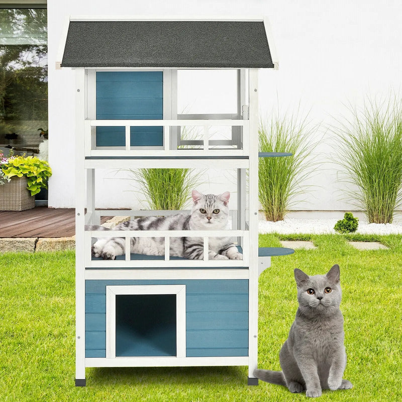 2-Story Outdoor Wooden Catio Cat House Shelter with Enclosure by DirectDeals