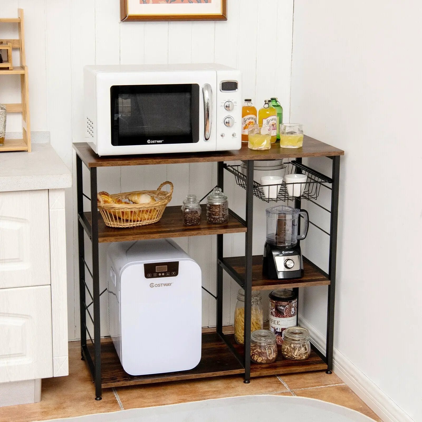 Industrial Kitchen Baker's Rack Microwave Shelf with 6 Hooks by DirectDeals