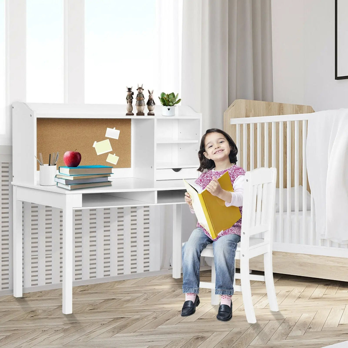 Kids Desk and Chair Set Study Writing Desk with Hutch and Bookshelves, photo 6 of 10