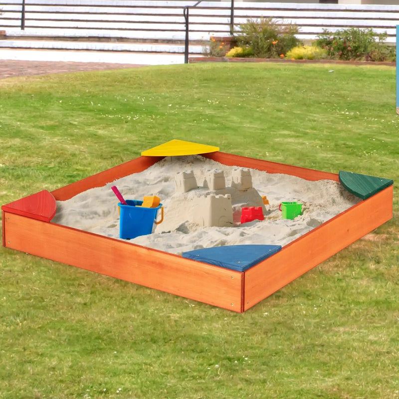 Kids Outdoor Wooden Backyard Sandbox with Built-in Corner Seating by DirectDeals