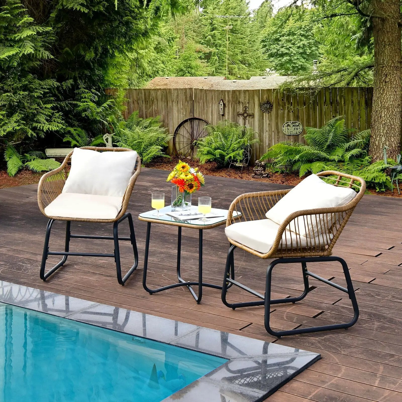 3-Piece Patio Bistro Set with 2 Rattan Chairs and Square Glass Coffee Table-White by DirectDeals
