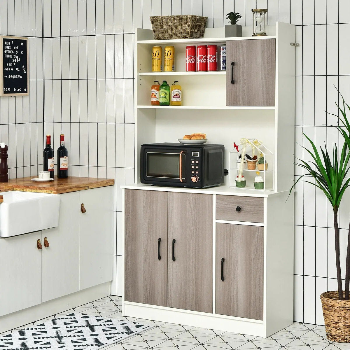 4-Door Freestanding Kitchen Buffet with Hutch and Adjustable Shelves, photo 2 of 16