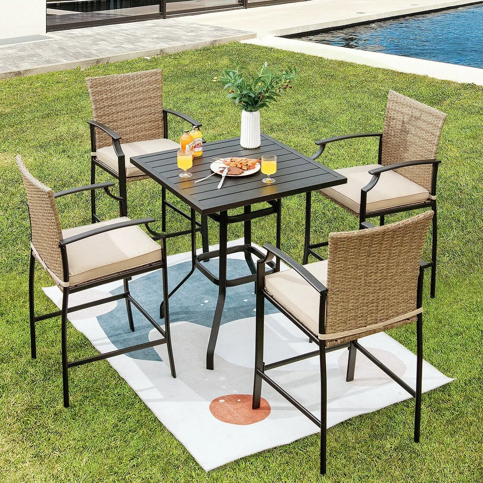 5 Pieces Outdoor Rattan Bistro Bar Stool Table Set with Cushions by DirectDeals