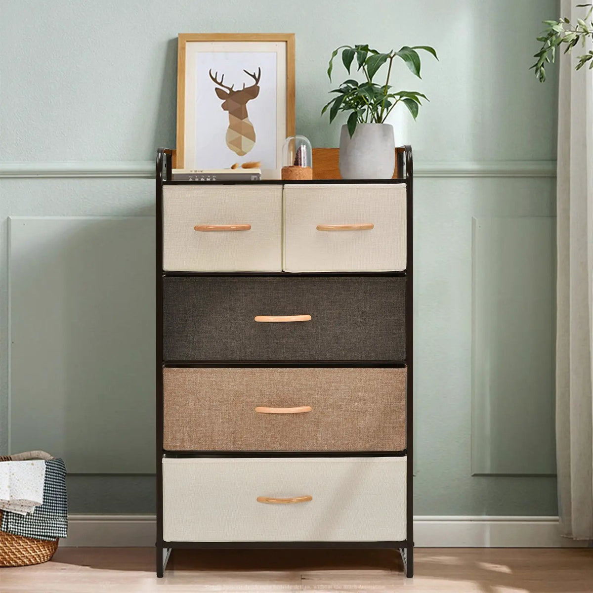 4-Tier Organizer Tower Steel Frame Wooden Top Storage with 5-Drawer Dresser, photo 2 of 9
