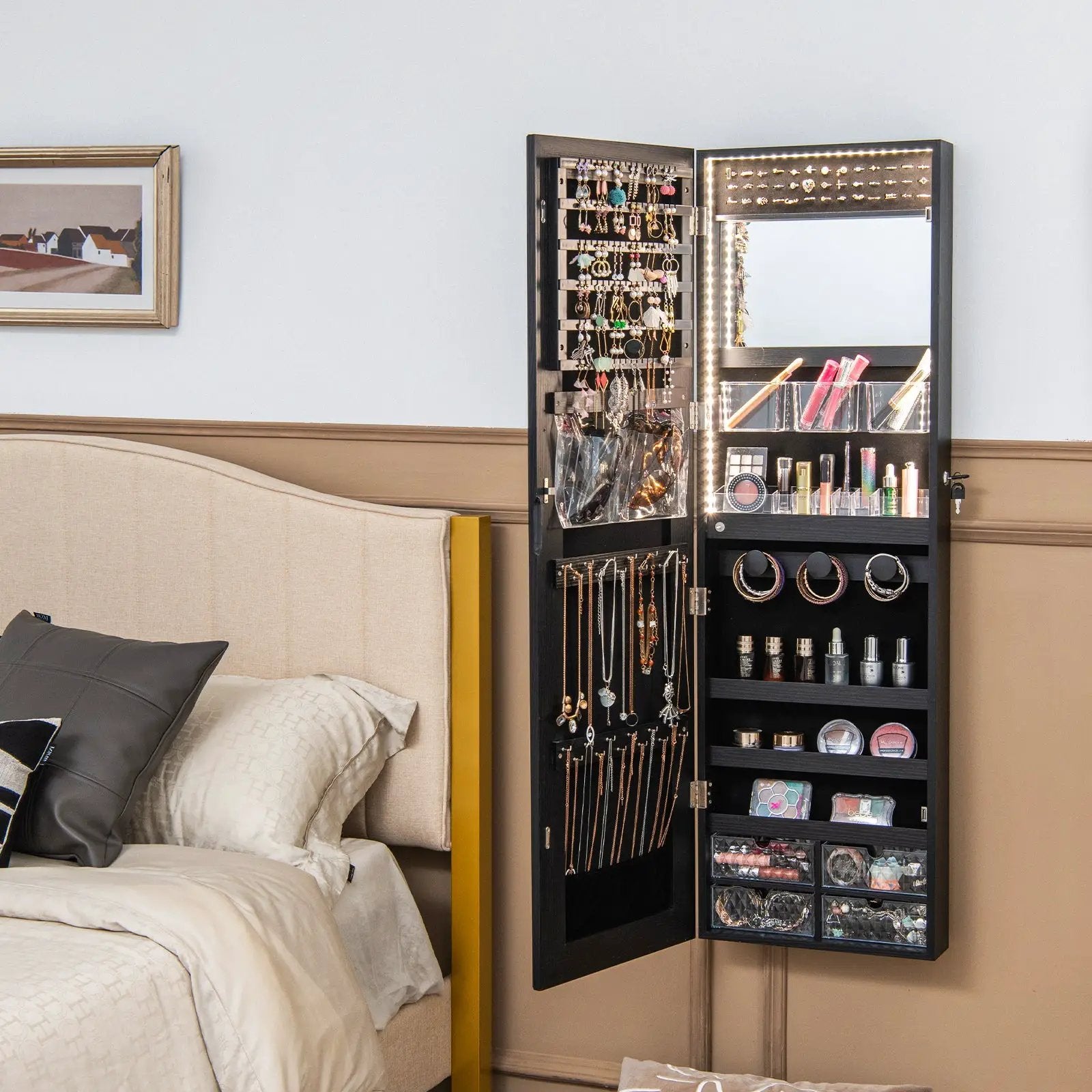Wall Mounted Jewelry Cabinet with 3-Color Lights by DirectDeals