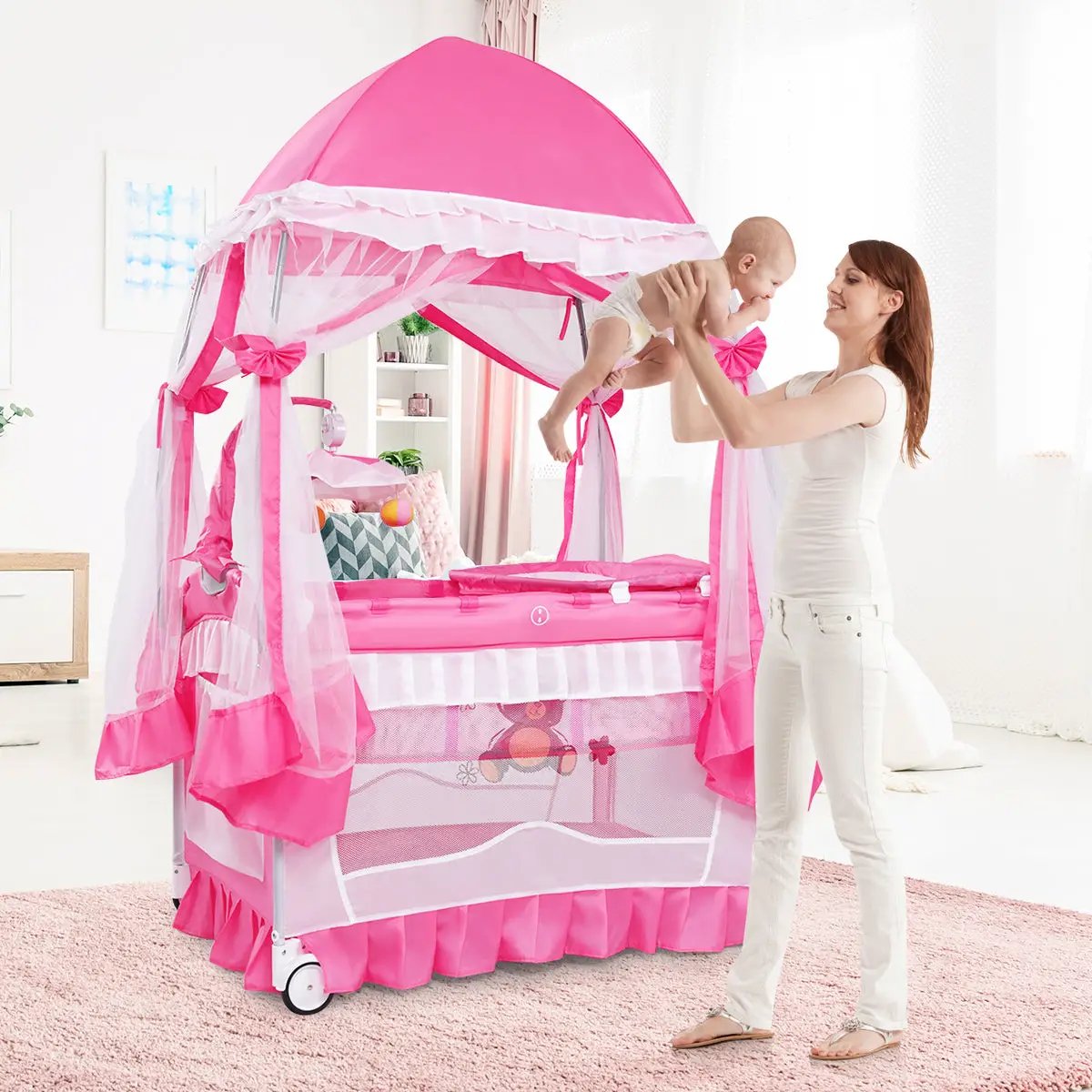 Portable Baby Playpen Crib Cradle with Carring Bag-Pink by DirectDeals