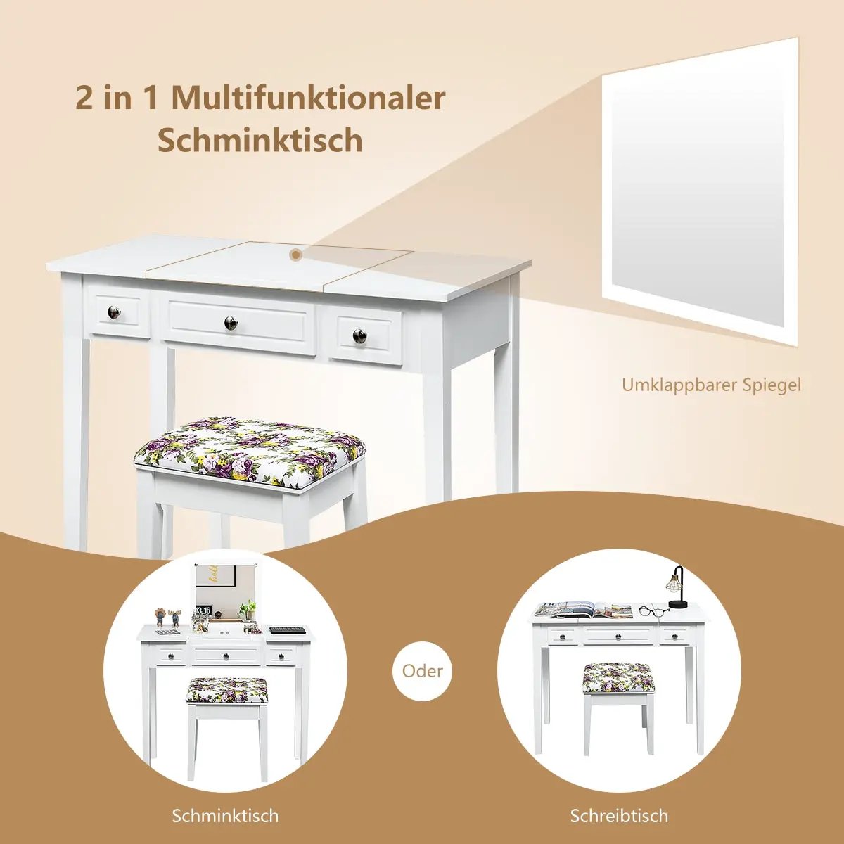 Vanity Dressing Table Set with Flip Top Mirror and 3 Drawers by DirectDeals