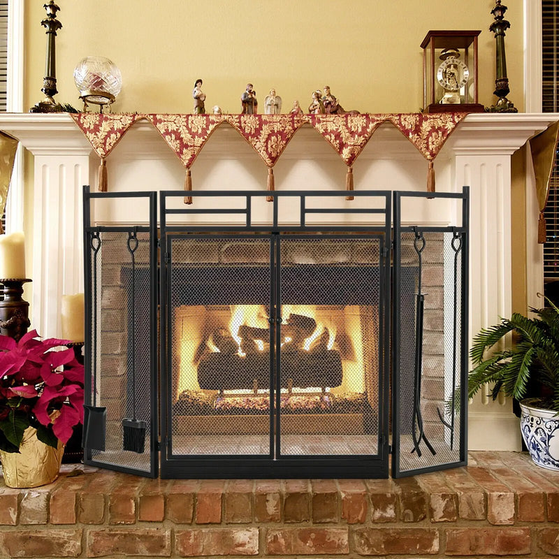 3-Panel Folding Wrought Iron Fireplace Screen with Doors and 4 Pieces Tools Set-Black by DirectDeals