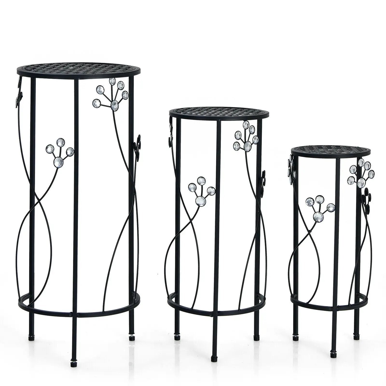 3 Pieces Metal Plant Stand Set with Crystal Floral Accents Round-Black by DirectDeals