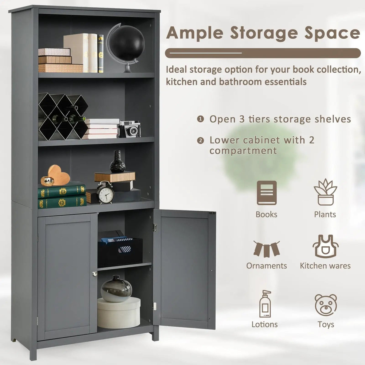 Bookcase Shelving Storage Wooden Cabinet Unit Standing Display Bookcase with Doors, photo 6 of 9