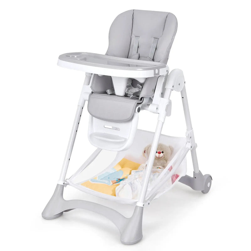 Baby Convertible Folding Adjustable High Chair with Wheel Tray Storage Basket by DirectDeals