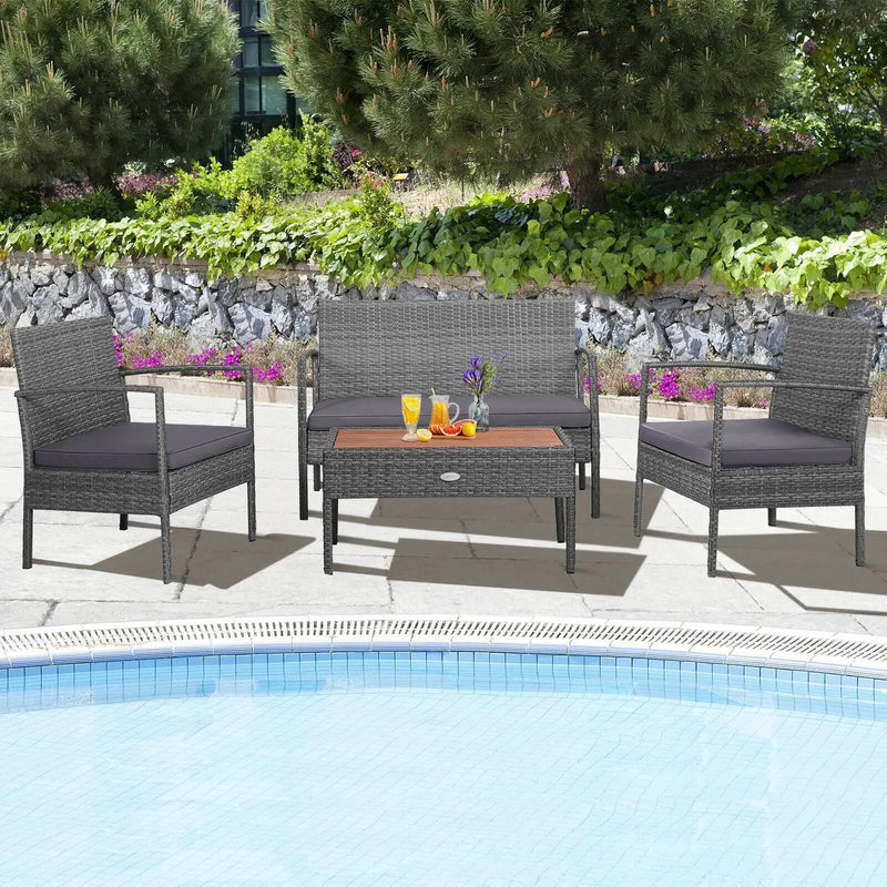 4 Pieces Rattan Patio Conversation Furniture Set with Acacia Wood Tabletop by DirectDeals