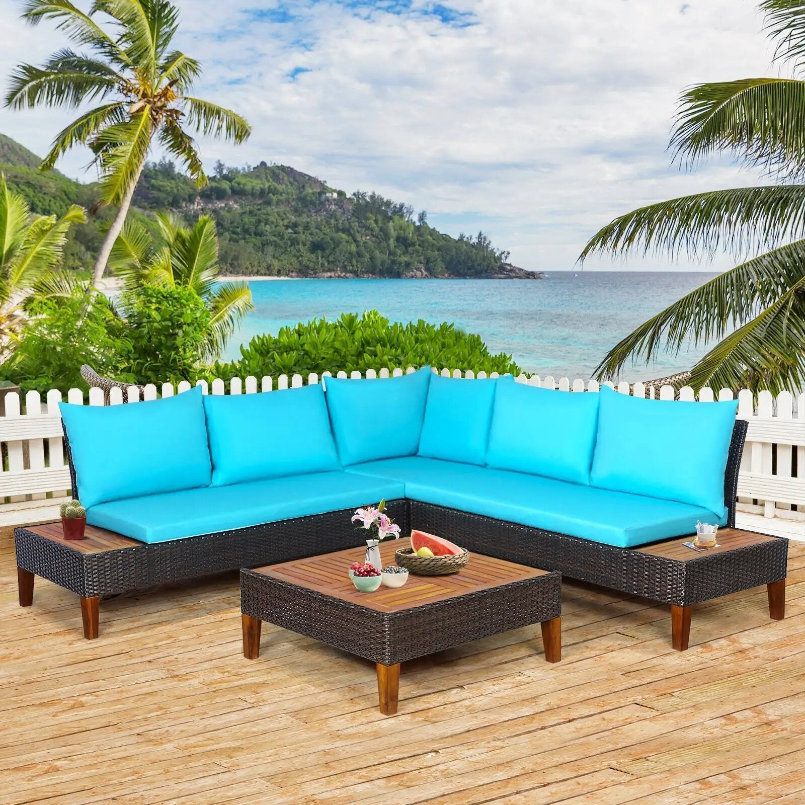 4 Pieces Patio Cushioned Rattan Furniture Set with Wooden Side Table by DirectDeals