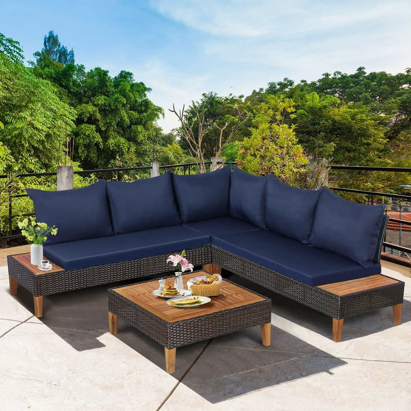 4 Pieces Patio Cushioned Rattan Furniture Set with Wooden Side Table by DirectDeals