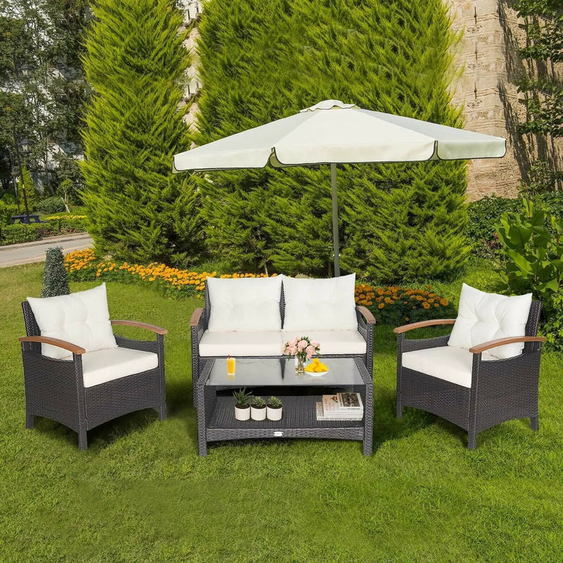4 Pieces Patio Rattan Furniture Set with Cushioned Sofa and Storage Table by DirectDeals