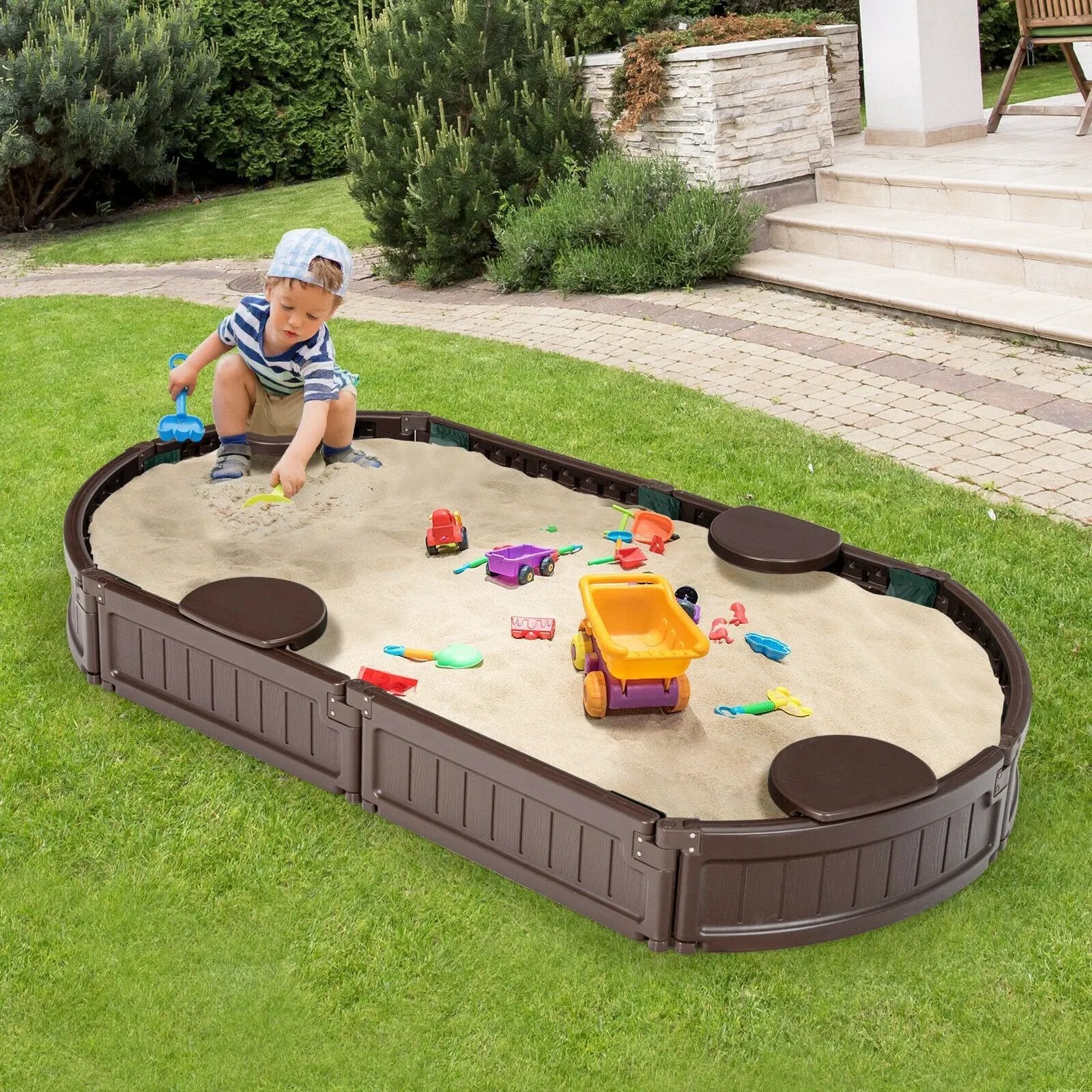 Sandbox with Built-in Corner Seat and Bottom Liner by DirectDeals