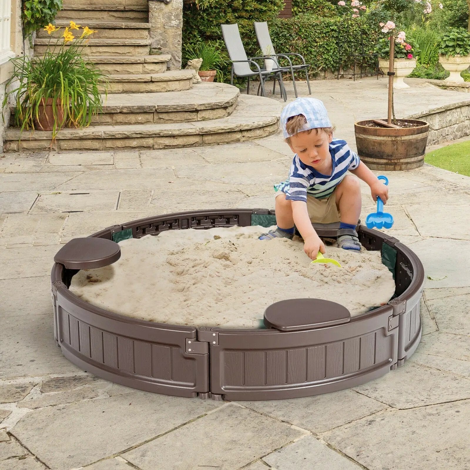 Sandbox with Built-in Corner Seat and Cover-Brown by DirectDeals