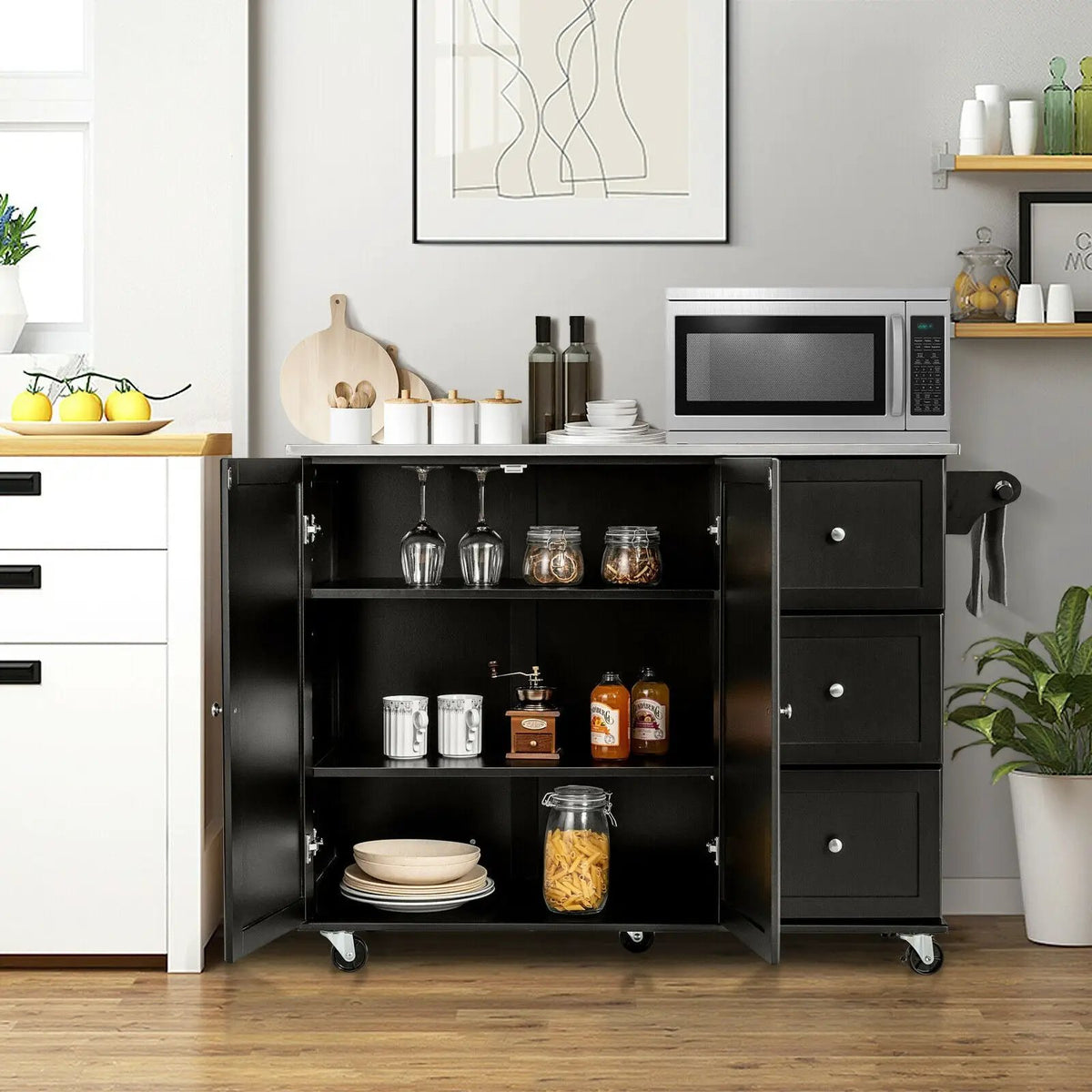 Kitchen Island 2-Door Storage Cabinet with Drawers and Stainless Steel Top, photo 13 of 24