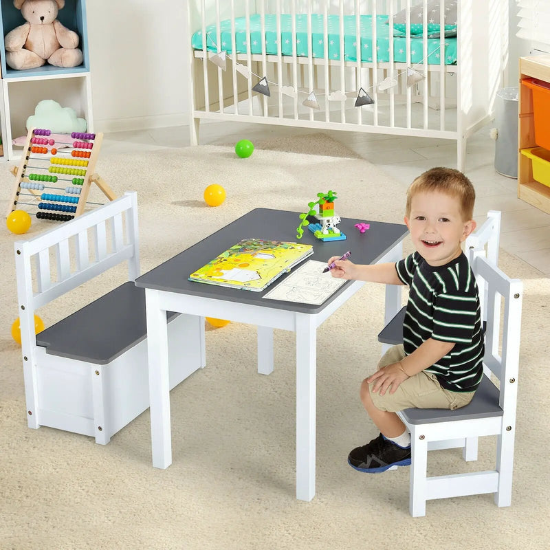 4 Pieces Kids Wooden Activity Table and Chairs Set with Storage Bench and Study Desk by DirectDeals