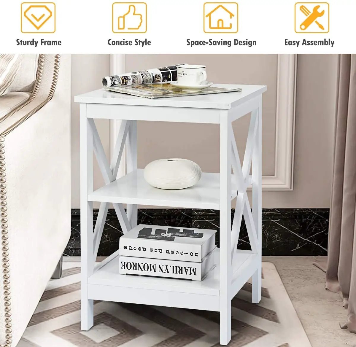 3-Tier X-Design Nightstands with Storage Shelves for Living Room Bedroom by DirectDeals