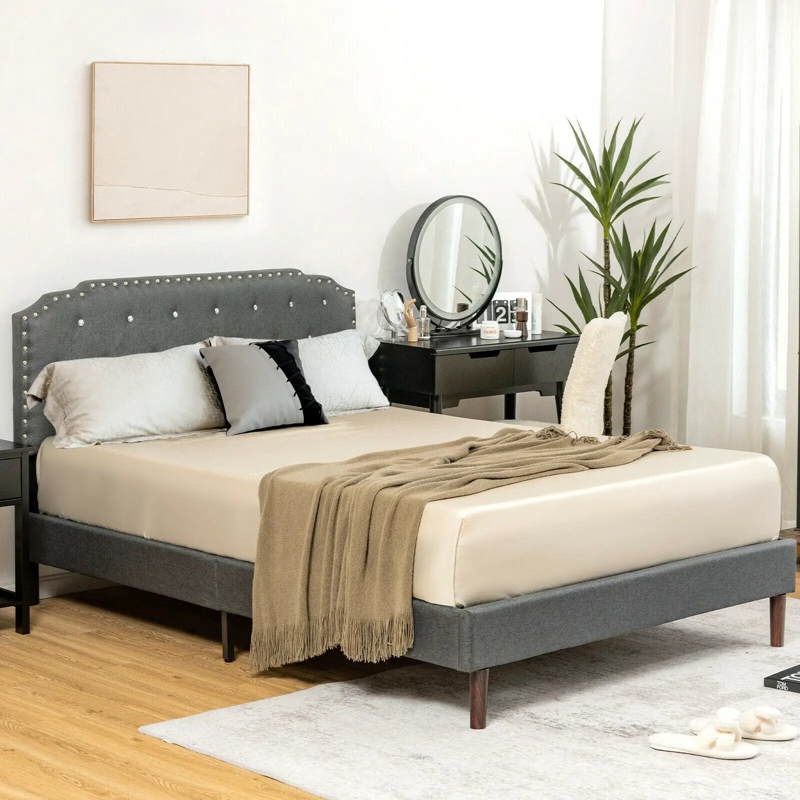 Upholstered Bed Frame with Adjustable Diamond Button Headboard by DirectDeals