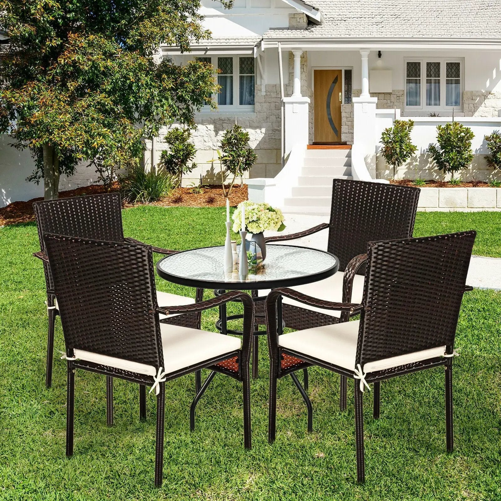 Set of 4 Patio Rattan Stackable Dining Chair with Cushioned Armrest for Garden by DirectDeals