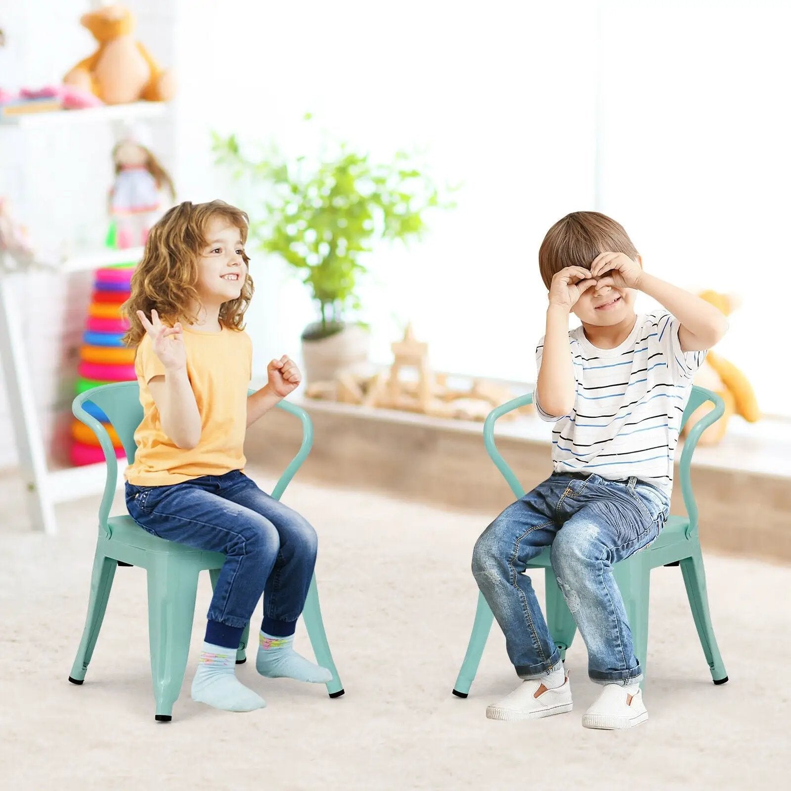 Set of 2 Steel Armchair Stackable Kids Chairs-Green by DirectDeals