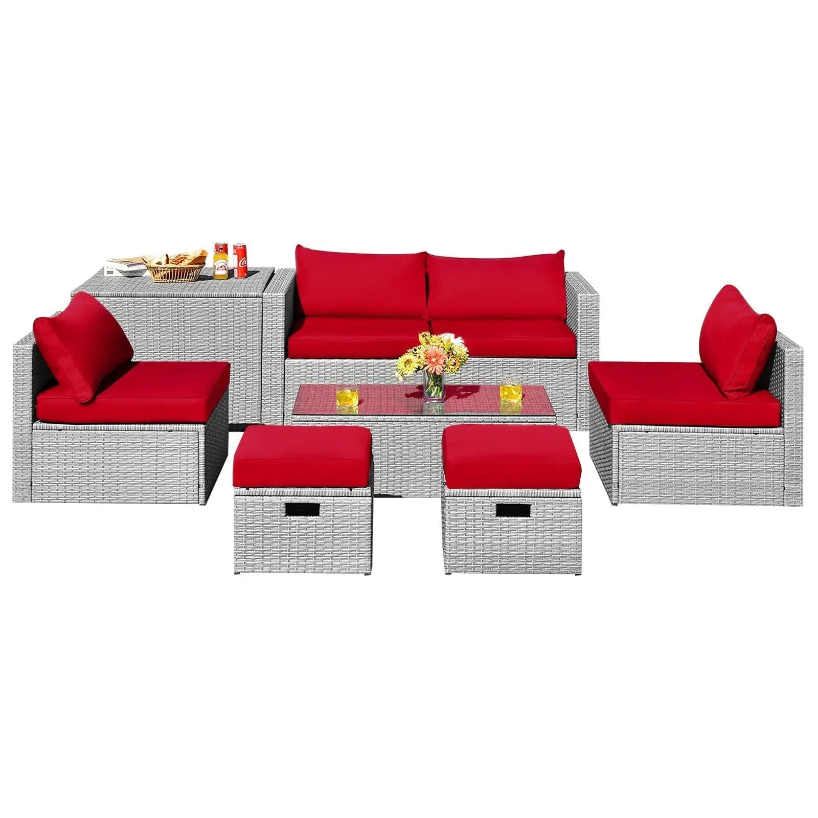 8 Pieces Patio Rattan Furniture Set with Storage Waterproof Cover and Cushion by DirectDeals