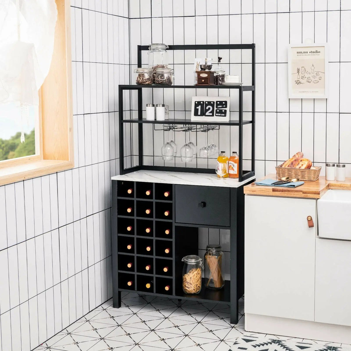 Kitchen Bakers Rack Freestanding Wine Rack Table with Glass Holder and Drawer, photo 6 of 9