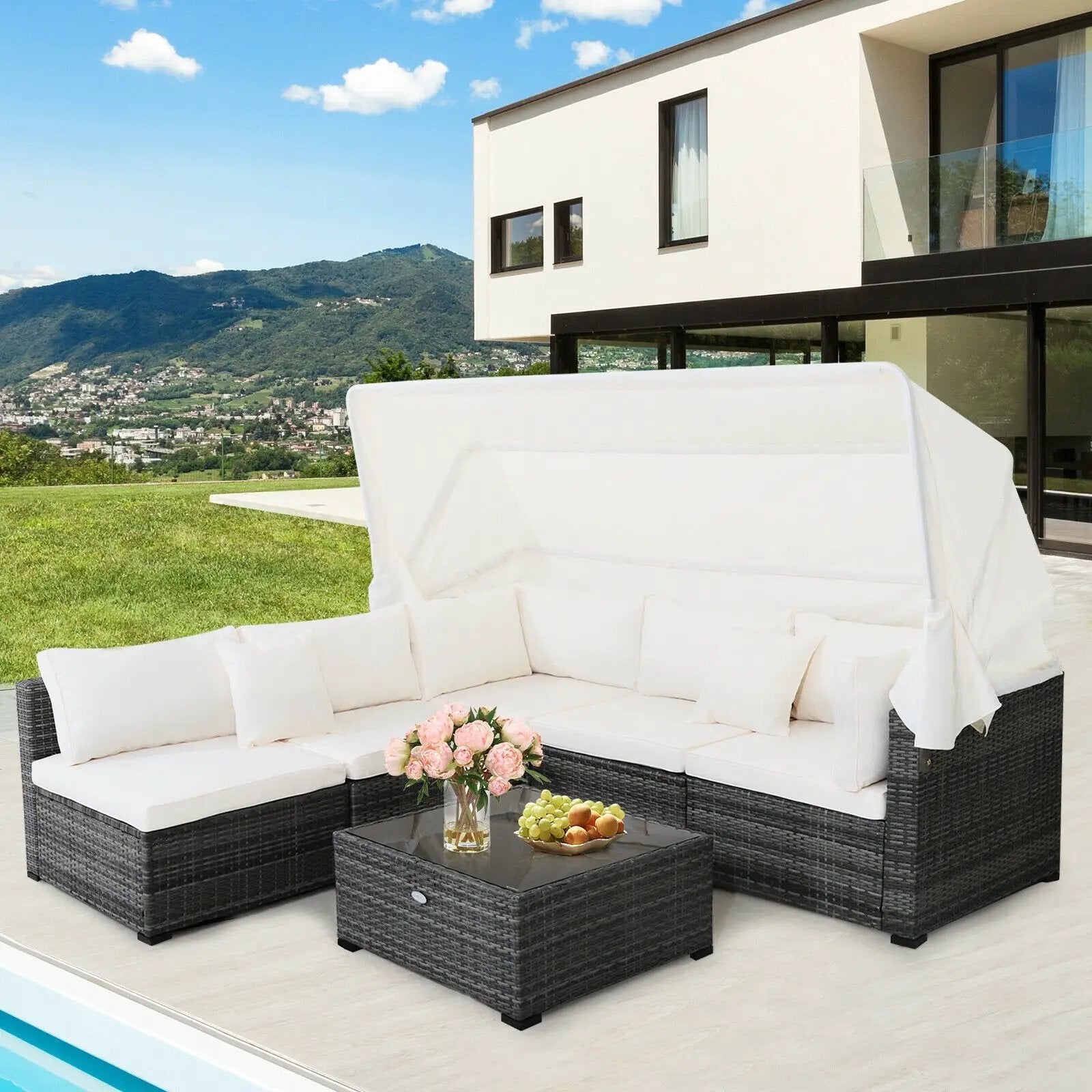 6 Pieces Patio Rattan Furniture Set with Retractable Canopy by DirectDeals