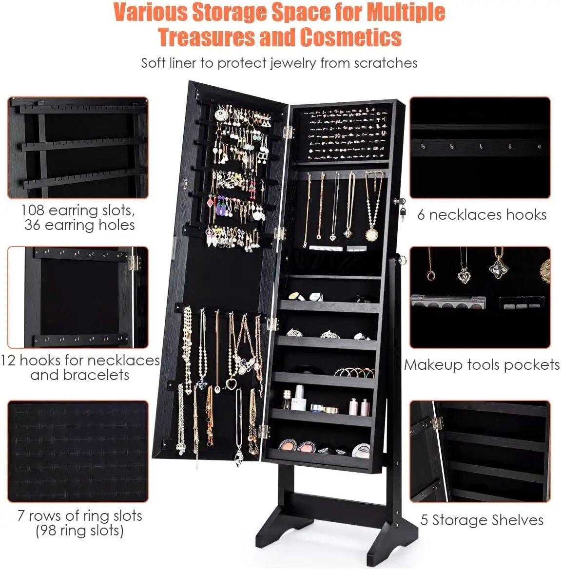 Jewelry Cabinet Stand Mirror Armoire with Large Storage Box by DirectDeals