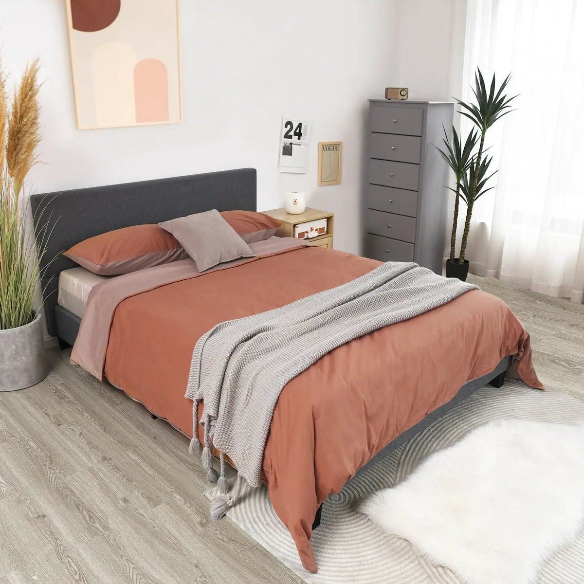 Full/Queen Size Upholstered Platform Bed Frame with Linen Headboard, photo 6 of 16