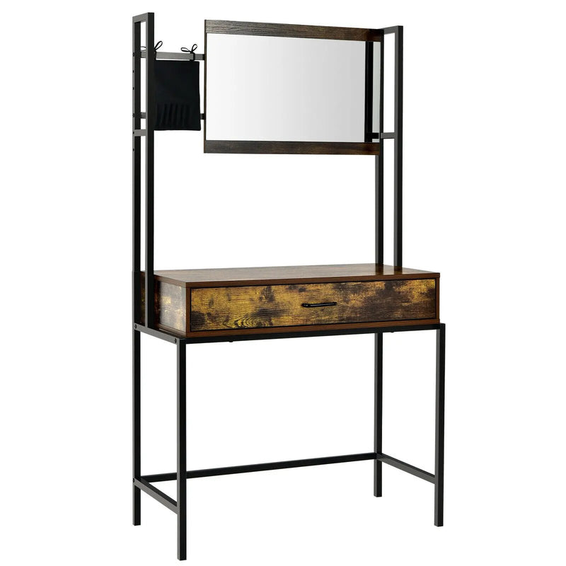Industrial Vanity Table with 3-Height Adjustable Mirror Bag-Brown by DirectDeals