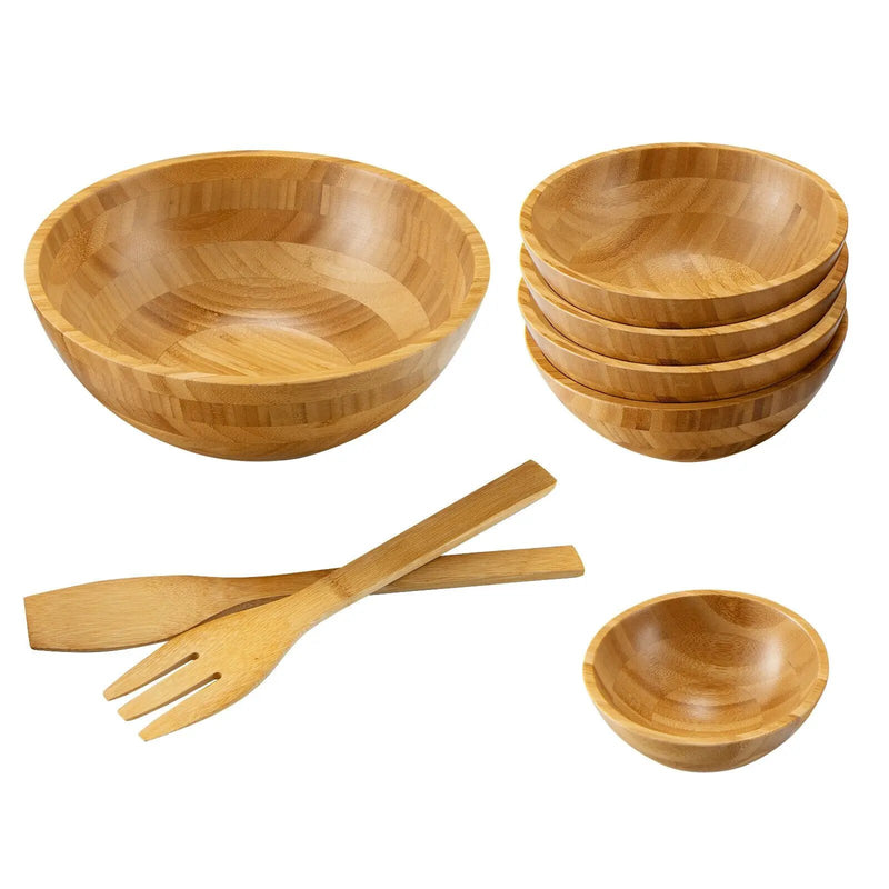 8 Pieces Bamboo Salad Bowl Set with Server Utensils-Natural by DirectDeals
