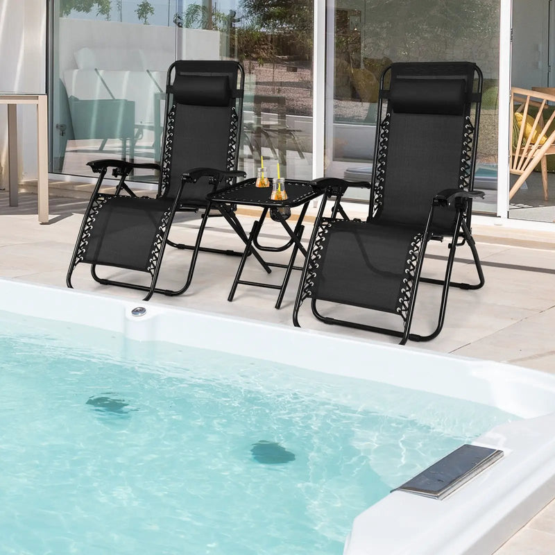 3 Pieces Folding Portable Zero Gravity Reclining Lounge Chairs Table Set by DirectDeals