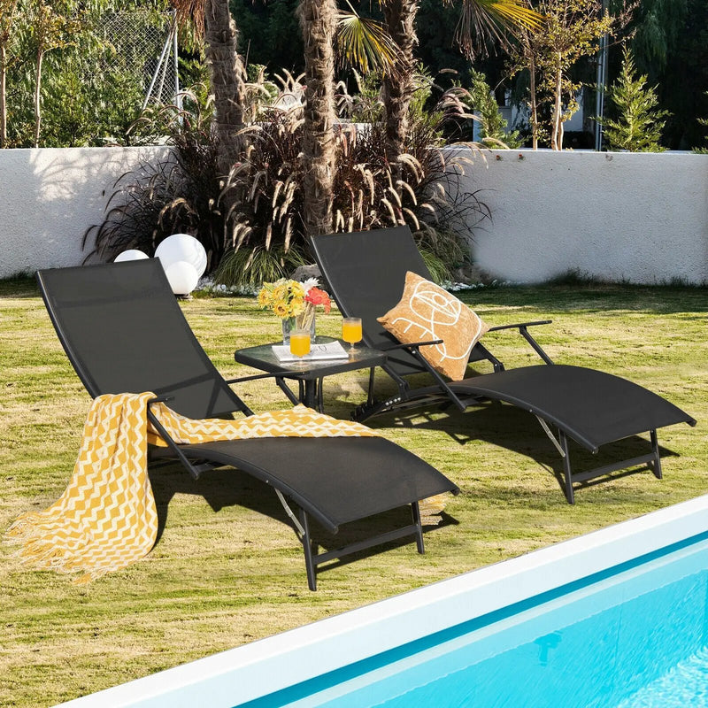 2 Pieces Patio Folding Stackable Lounge Chair Chaise with Armrest-Black by DirectDeals