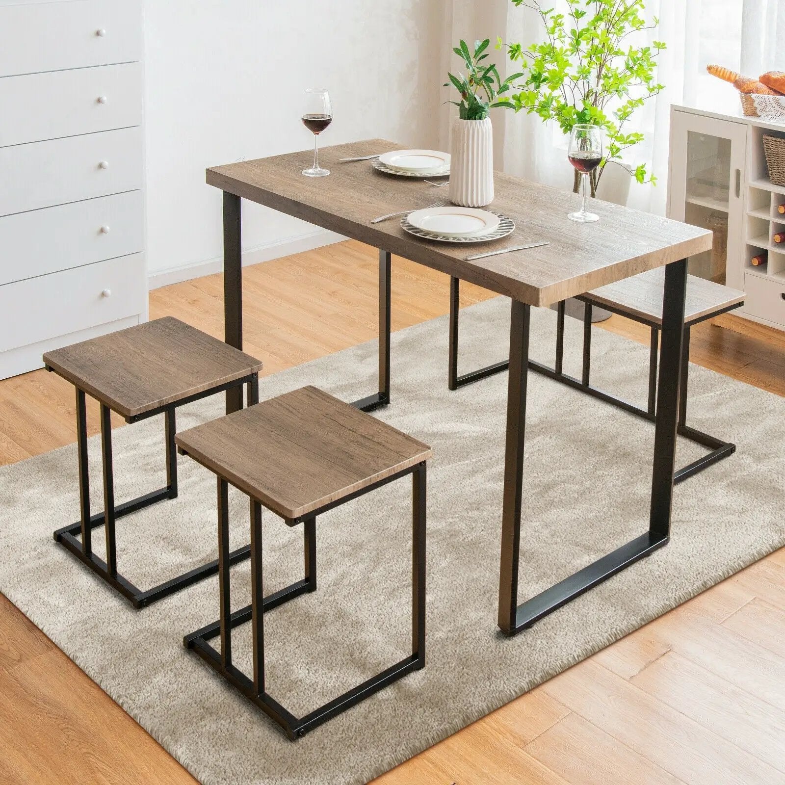 4 Pieces Industrial Dinette Set with Bench and 2 Stools-Oak by DirectDeals