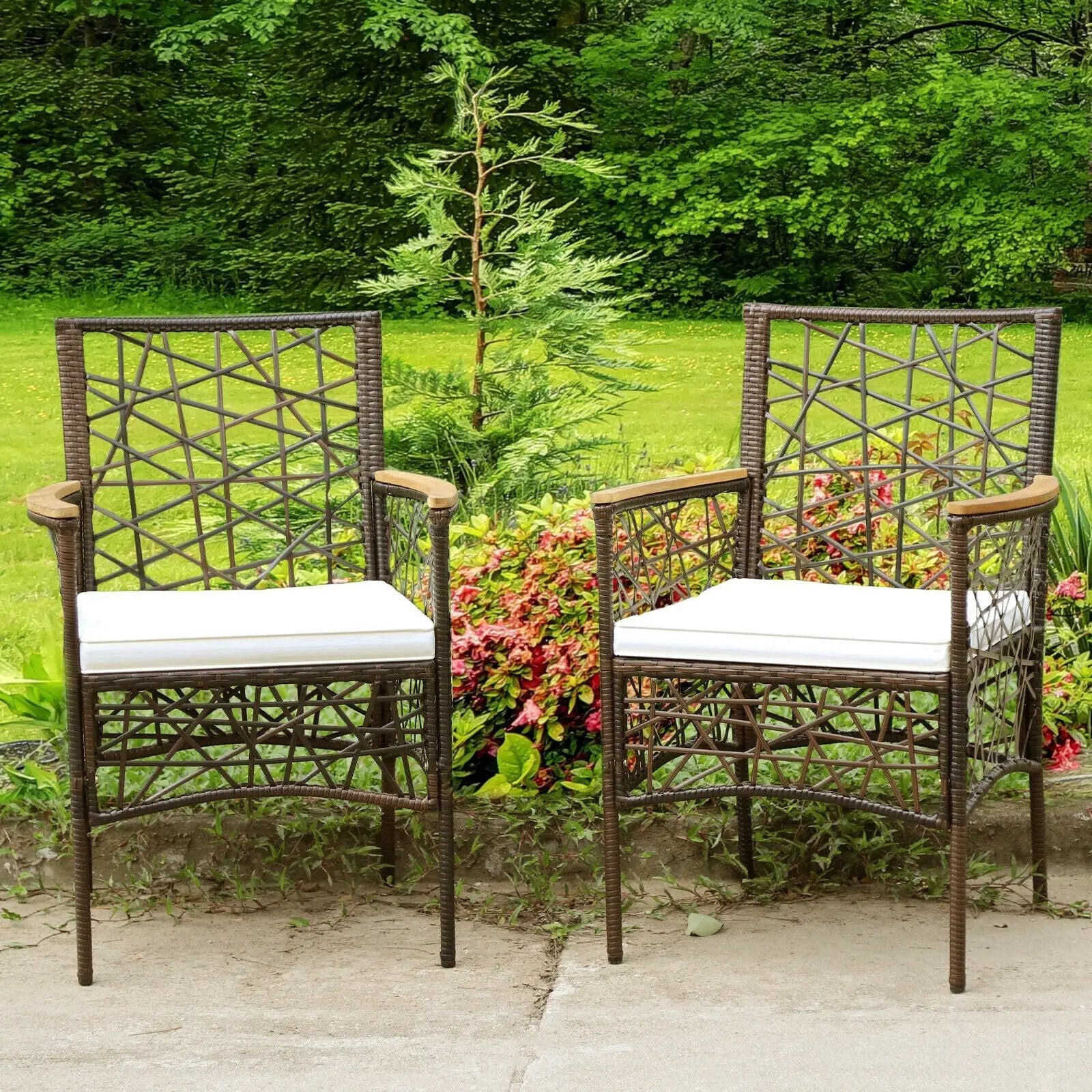 2 Pieces PE Wicker Patio Bistro Dining Chairs with Acacia Wood Armrests and Cushions by DirectDeals
