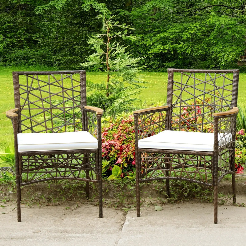2 Pieces PE Wicker Patio Bistro Dining Chairs with Acacia Wood Armrests and Cushions by DirectDeals