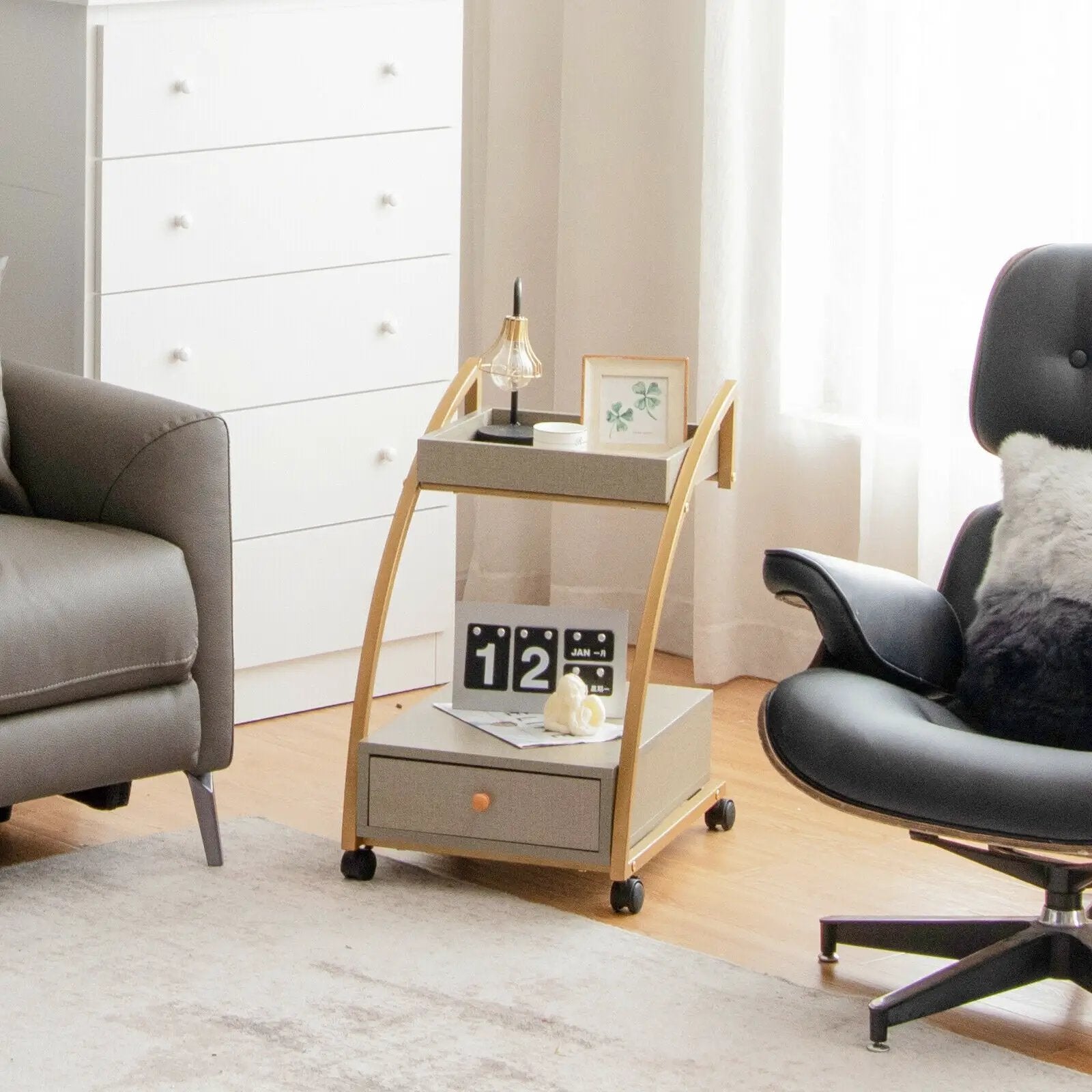 Modern 2-Tier Rolling End Table with Tray Top and Pull-Out Drawer-Gray by DirectDeals