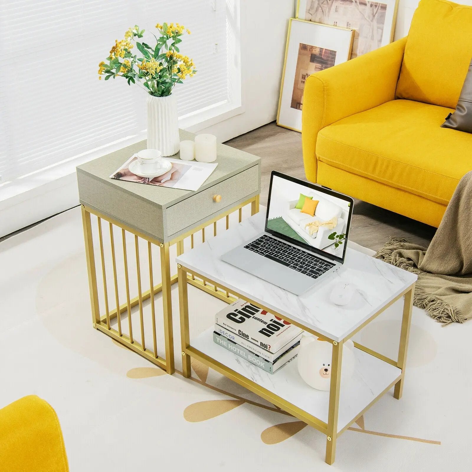 2 Pieces Modern Nesting Coffee Table Set with Drawer and Shelf-White by DirectDeals