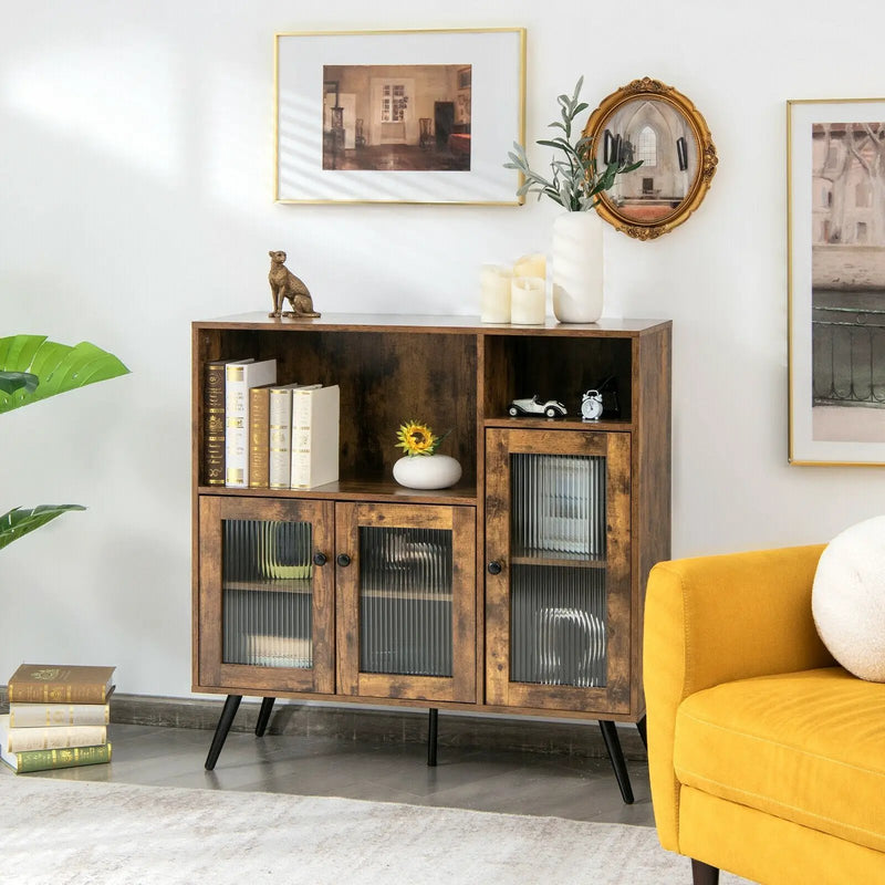 Buffet Kitchen Storage Cupboard with Glass Door and Adjustable Shelves-Rustic Brown by DirectDeals