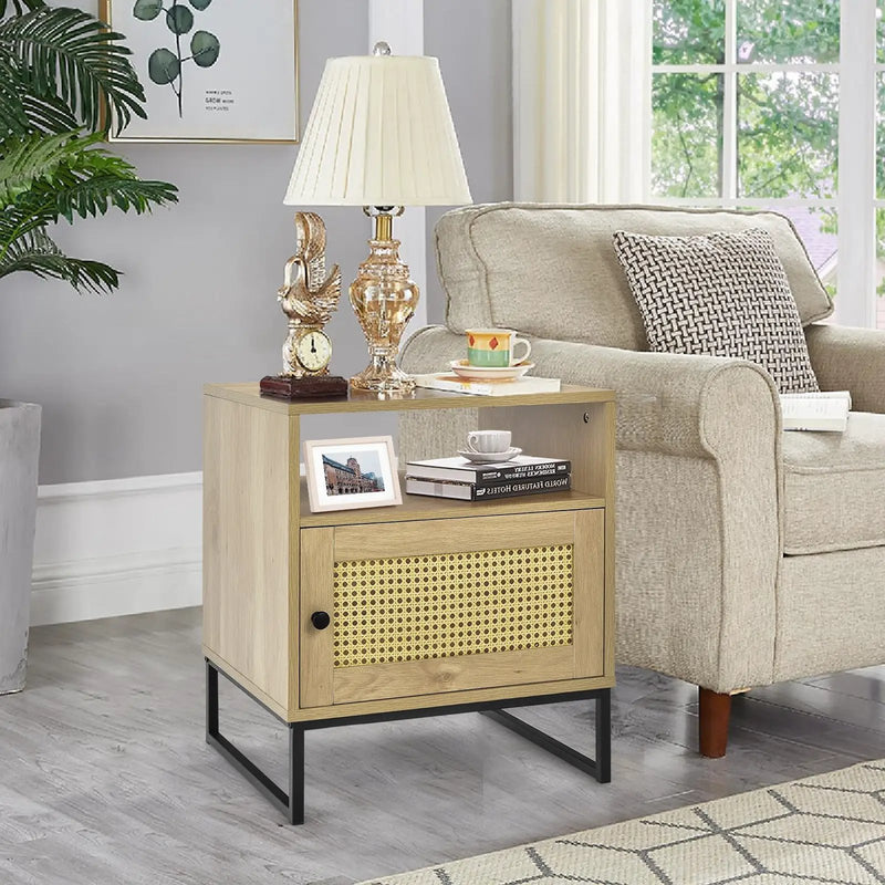 Wooden Side End Table with Cabinet and Rattan Decorated Door-Natural by DirectDeals
