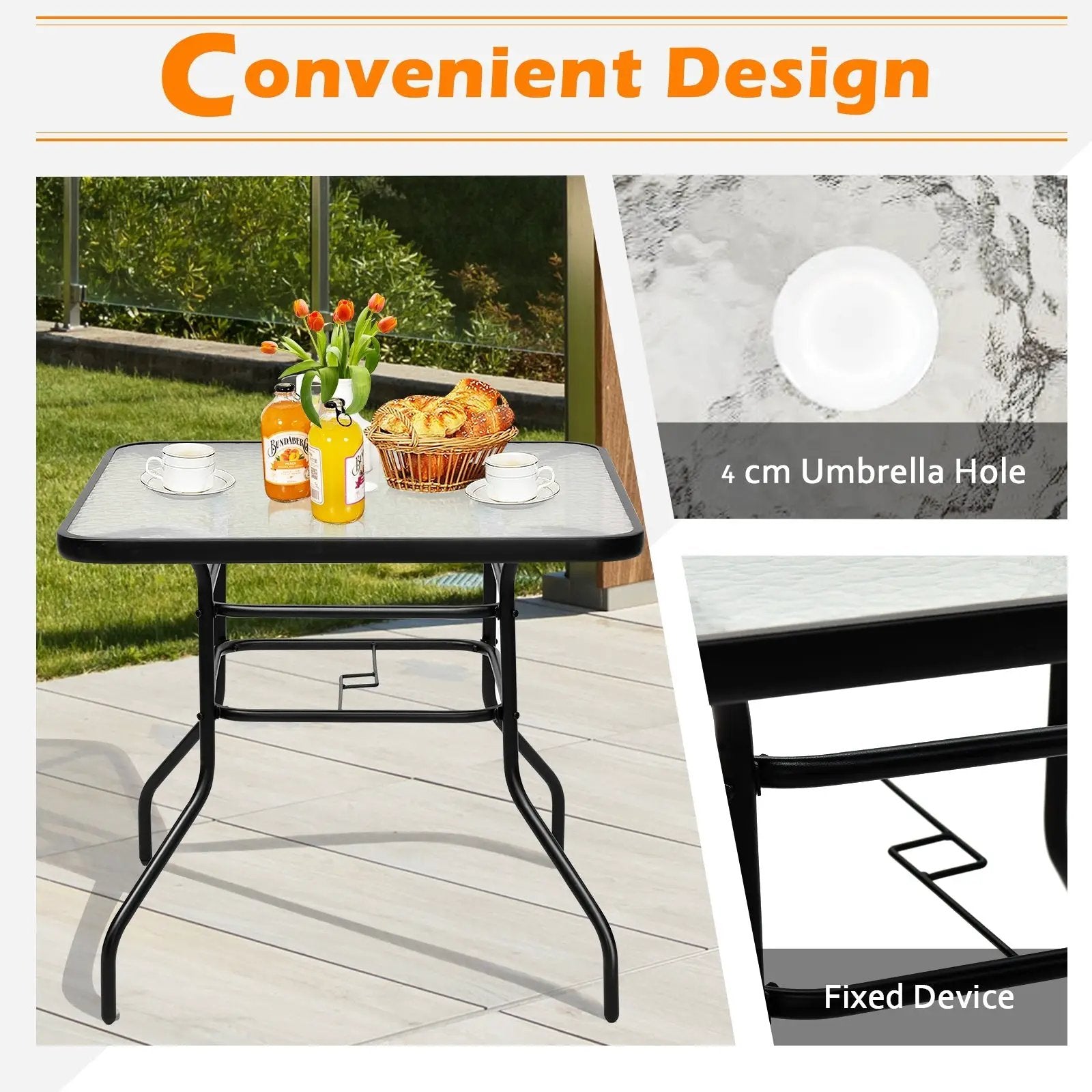 32 Inch Patio Tempered Glass Steel Frame Square Table by DirectDeals