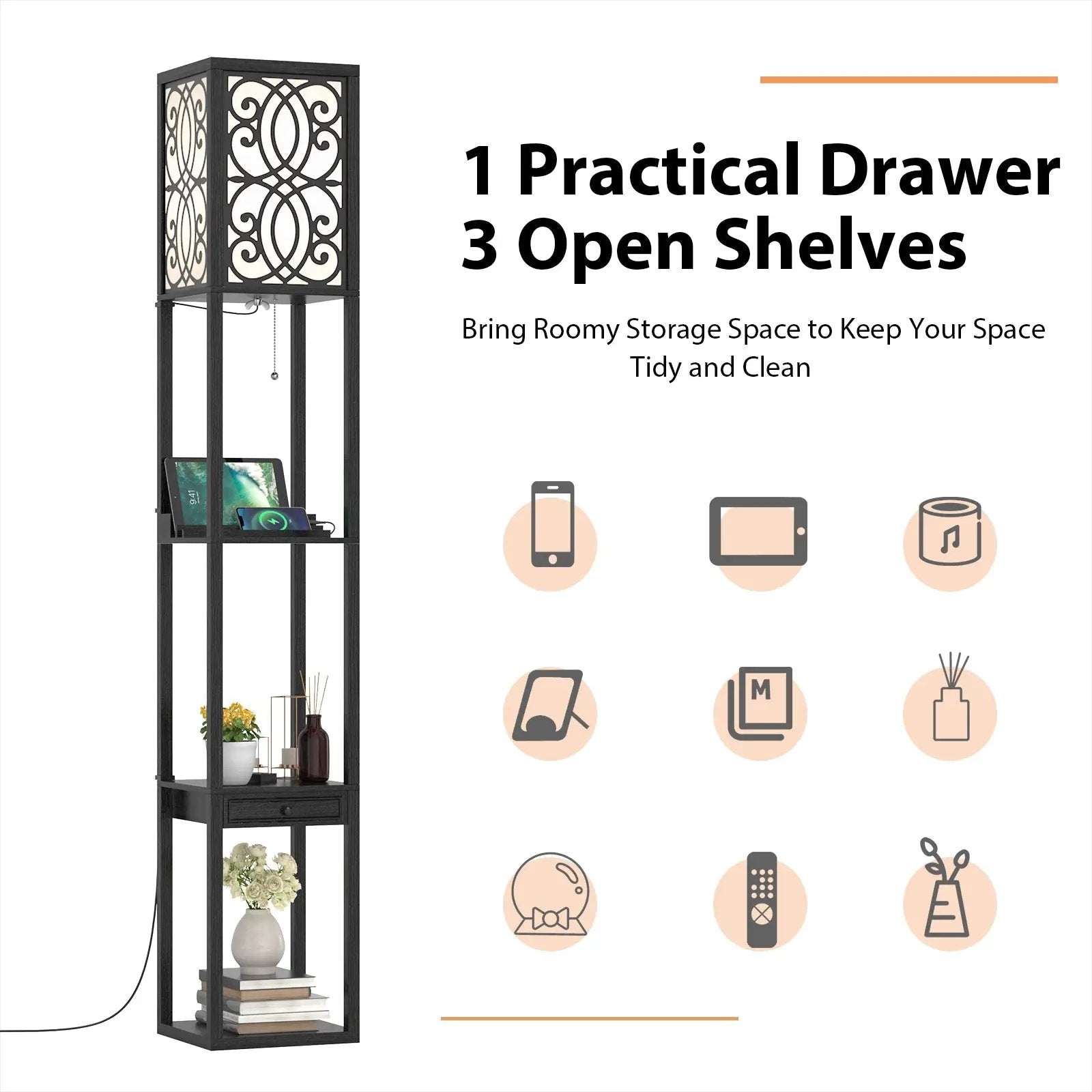 Modern Standing Shelf Lamp with 1 Power Outlet and 2 USB Ports by DirectDeals