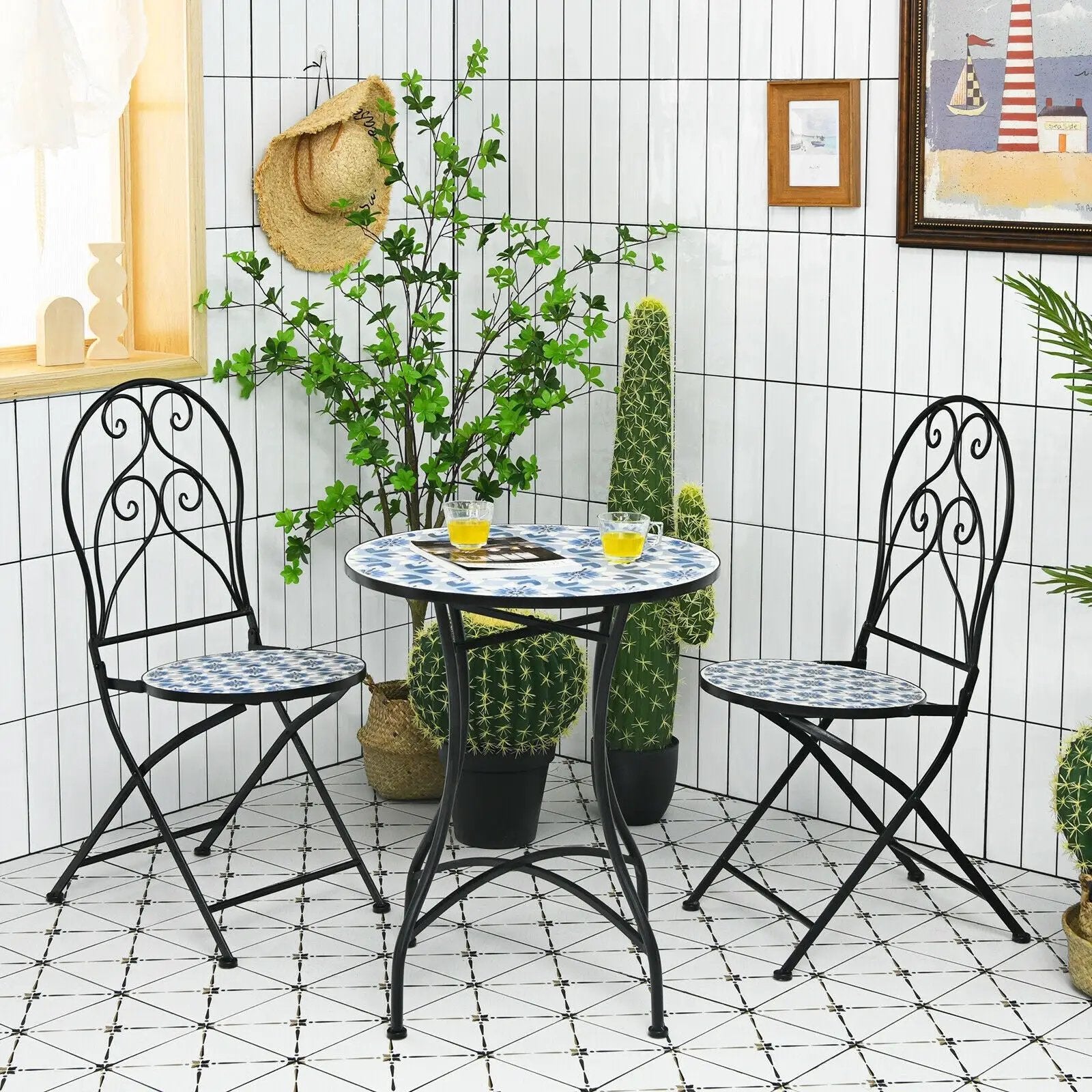 2 Pieces Patio Folding Mosaic Bistro Chairs with Blue Floral Pattern by DirectDeals