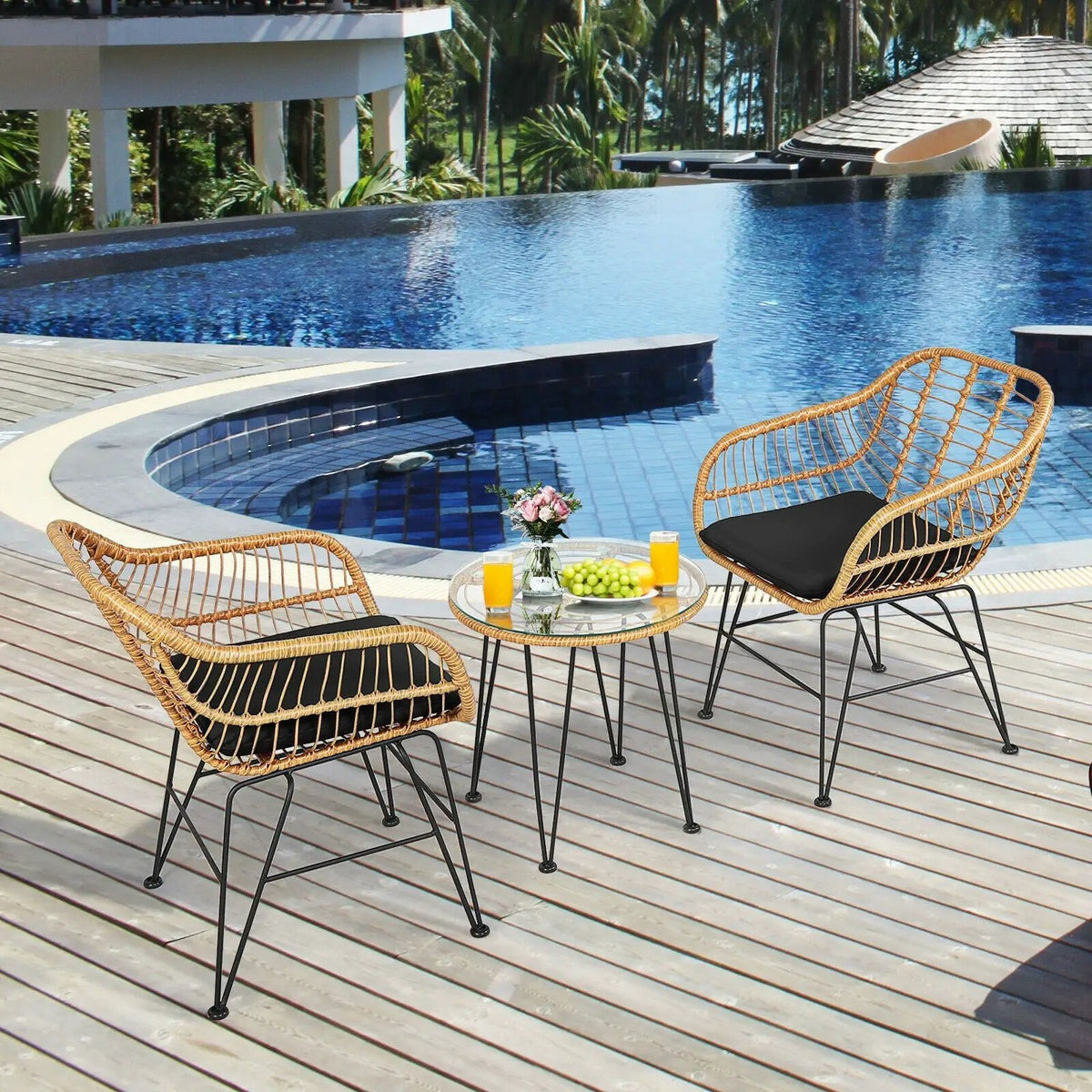 3 Pieces Rattan Furniture Set with Cushioned Chair Table, photo 2 of 13